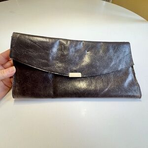 Vintage 70s black leather foldable purse, Briones Mexico, wide clutch